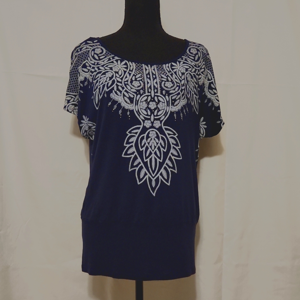 B.L.E.U Blouse Sz. S blue with lace pattern design 95%Rayon and 5% Spandex